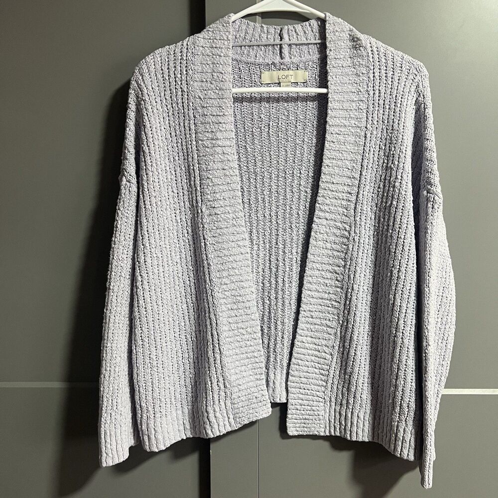 Loft Women Open Front Knit Cotton Cardigan Sweater Purple Medium Cozy Lounge